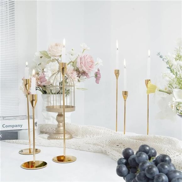 Gold Taper Candle Holders Set of 6,Metal Candlestick Holders for Table or Mantel - Picture 4 of 7